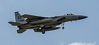 A US Air Force F-15C Eagle, tail number 81-0020, on final approach at Kadena Air Base in Okinawa, Japan