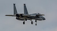 A US Air Force F-15C Eagle, tail number 85-0114, on final approach at Kadena Air Base in Okinawa, Japan.