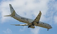 A Boeing P-8 Poseidon, tail number 168761, on final approach at Kadena Air Base in Okinawa, Japan. It is assigned to Patrol Squadron 45 (VP-45) at NAS Jacksonville, Florida, United States.