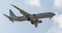 A Boeing P-8 Poseidon, tail number 168761, on final approach at Kadena Air Base in Okinawa, Japan. It is assigned to Patrol Squadron 45 (VP-45) at NAS Jacksonville, Florida, United States.