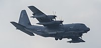 A US Air Force MC-130J Commando II, tail number 10-5714, on final approach at Kadena Air Base in Okinawa, Japan. It is assigned to the 1st Special Operations Squadron at Kadena AB.