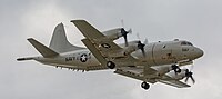 A US Navy P-3C Orion, tail 161587, on final approach at Kadena Air Base in Okinawa, Japan.