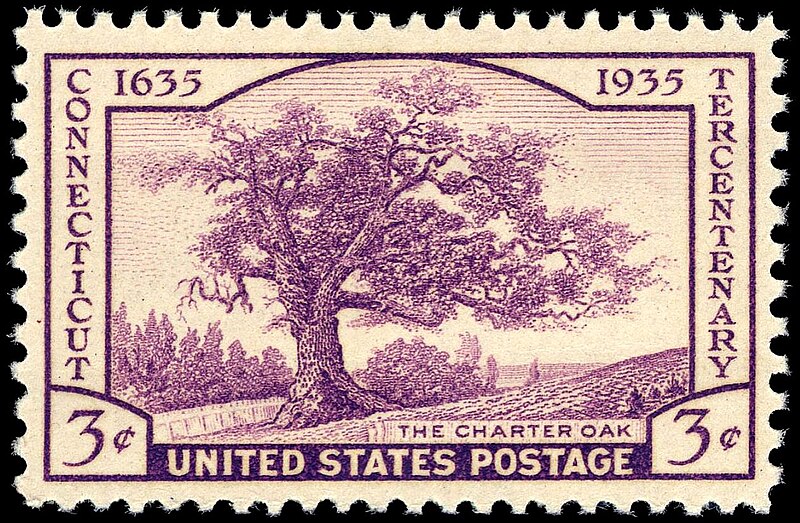 File:3c Connecticut Tercentenary,The Charter Oak single, 1935 issue.jpg