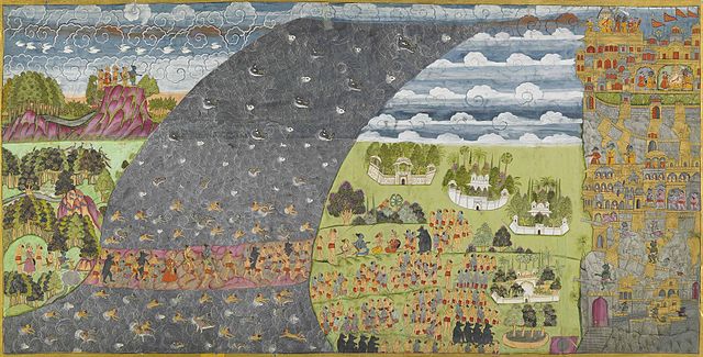 Image: 7 Rama's Army reaches Lanka from the Ram Charit Artist Unknown, ca. 1780, 63x 125.8cm Mehrangarh Museum Trust