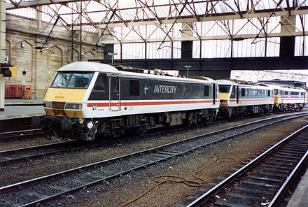 British Rail Class 90s in Carlisle Citadel station in the 1990s under British Rail.