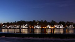 Historic Boathouse Row at night on the Schuylkill, a symbol of the city's rich rowing history