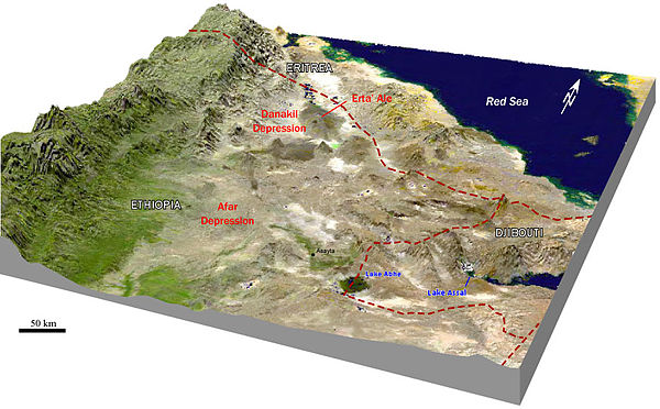 Perspective view of the Afar Depression and environs, generated by draping a Landsat image over a digital elevation model.