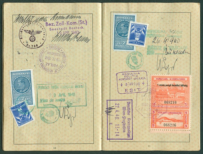 File:Amtsdokument Paul Fischer 1940 Deutsches Reich Reisepass Seite 12 13 Zoll Rostock Komesar Policije Aerodroma Beograd Prefectura Bucuresti Grenzpolizei Wien Magyar Kiralysag.jpg