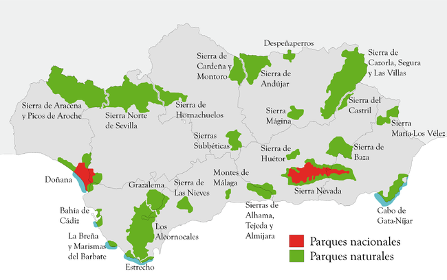 National parks and natural parks in Andalusia.