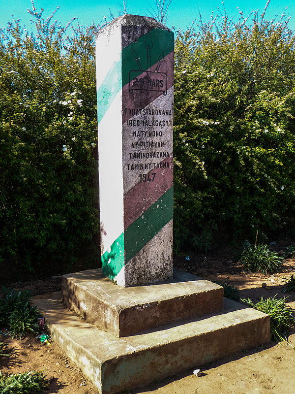 Monument for the Malagasy Uprising in the village of Antoetra. The memorial reads: "In memory of the Malagasy who died in 1947 for the love of their h