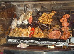 Asado with offal and sausages. Asado is a term used for a range of barbecue techniques and the social event of having or attending a barbecue in Argentina, Uruguay, Paraguay, Chile, Colombia, Ecuador, Venezuela, northern Mexico and southern Brazil. In these countries asado is the standard word for "barbecue". Asado uruguayo.JPG