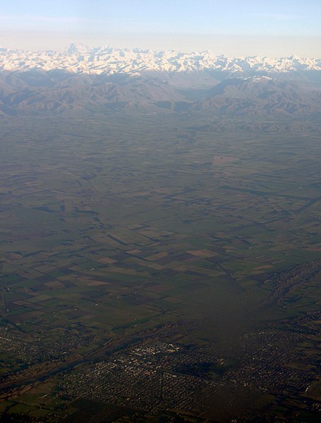 Aerial view of Ashburton, with the Southern Alps in the background