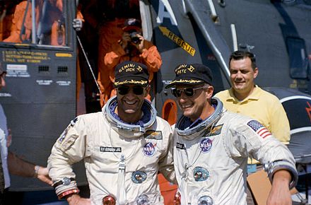 Conrad (right) with his Gemini 11 crewmate Dick Gordon, following their flight