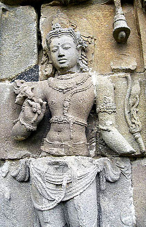 Avalokiteshvara on the wall of Plaosan temple, Javanese Sailendran art, 9th century.