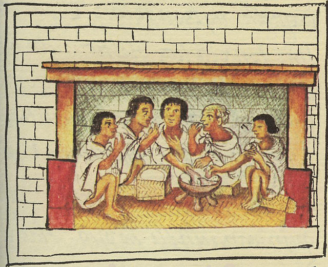 Aztec men sharing a meal. Florentine Codex, late 16th century.