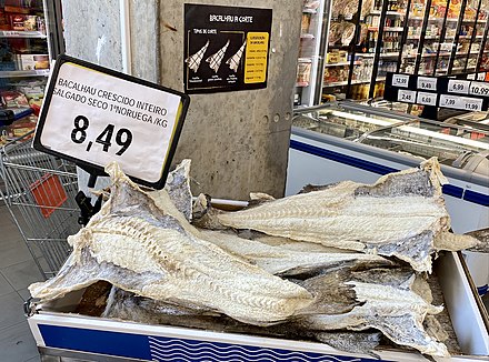 Salt-dried cod in Lisbon supermarket.