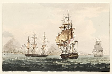 'Capture of the Island of Banda, August 9, 1810 with HMS Caroline in the foreground'; by Thomas Whitcombe Banda 1810.jpg