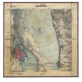 map, Lech und Friedberger Au, weiter im Westen die Stadt Augsburg.