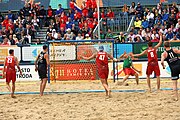 Deutsch: Beachhandball Europameisterschaften 2019 (Beach handball Euro); Tag 6: 7. Juli 2019 – Spiel um Platz Drei, Männer, Ungarn-Russland 2:0 (26:20, 23:22) English: Beach handball Euro; Day 6: 7 July 2019 – Men's Bronze Medal Match – Hungary-Russia 2:0 (26:20, 23:22)