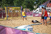 Deutsch: Beachhandball bei den Olympischen Jugendspielen 2018; Tag 7, 13. Oktober 2018; Jungen, Finale – Portugal-Spanien 1:2 English: Beach handball at the 2018 Summer Youth Olympics at 13 October 2018 – Boys Gold Medal Match – Portugal-Spain 1:2