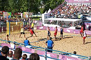 Deutsch: Bachhandball bei den Olympischen Jugendspielen 2018; Tag 3, 9. Oktober 2018; Jungs, Vorrunde, Gruppe B - Argentinien-Mauritius 2:1 English: Beach handball at the 2018 Summer Youth Olympics at 9 October 2018 – Boys Preliminary Round Group B‎ – Argentina-Mautitius 2:1