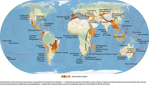 Mappa dei punti caldi della biodiversità nel mondo, tutti fortemente minacciati dalla perdita e dal degrado dell'habitat, 2014.