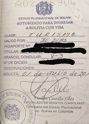 Боливиялық туристік Visa.jpg