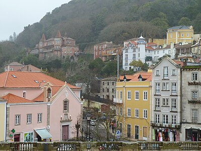 The buildings in the central square of São Martinho, across from the Sintra National Palace