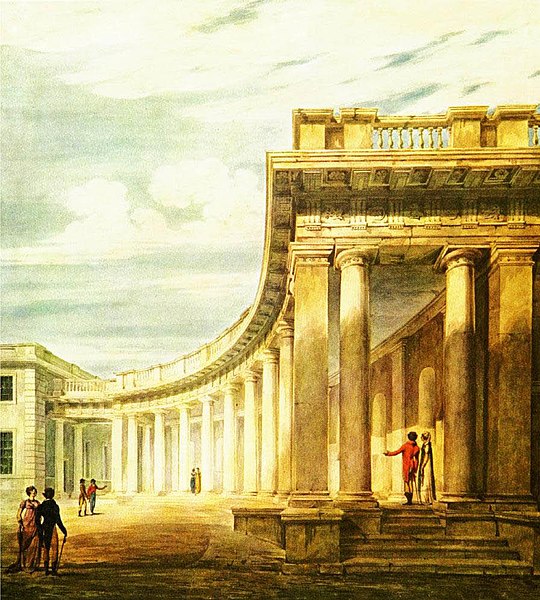 One of James Gibbs's colonnades at Burlington, functioned as wall to enclose the house from the street, in watercolour c. 1806–08. (later demolished)