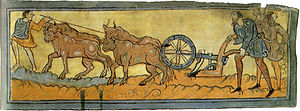 English ploughmen, c. 1000 Calendario (l'aratura), 1000 circa, miniatura, cotton ms. Tiberius B. V., f. 3r., Londra, British Library.jpg