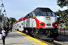 An MP36PH-3C in Caltrain livery. Nine railroads operate this model, with Caltrain being the launch customer. Caltrain JPBX 927 at Palo Alto station.JPG