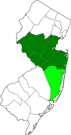 Central Jersey counties in New Jersey highlighted in green: Middlesex, Monmouth, Mercer, Somerset, Hunterdon, Union counties