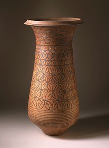 Ceremonial vessel; 2600-2450 BC; terracotta with black paint; 49.53 x 25.4 cm Ceremonial Vessel LACMA AC1997.93.1.jpg