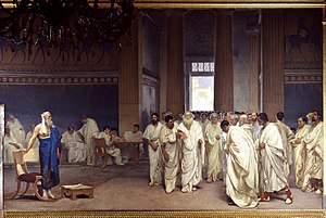 Ч. Маккари. Аппий Клавдий в сенате (фреска, 1881—1888). Палаццо Мадама. Слева — Киней