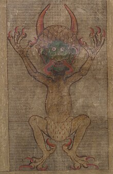 Illustration of the Devil on folio 290 recto of the Latin, Bohemian Codex Gigas, dating to the early thirteenth century CodexGigas 577 TheDevil (cropped).jpg