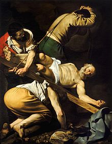 Crucifixion of Saint Peter by Caravaggio (1600, Cerasi Chapel) Crucifixion of Saint Peter-Caravaggio (c.1600).jpg
