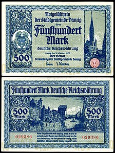 Obverse and reverse of a 1922 Danzig 500-mark banknote
