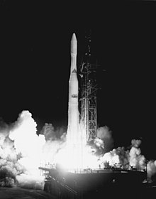 Launch of the first Skynet satellite, Skynet 1A, by Delta rocket in 1969 from Cape Canaveral. Delta-M with Skynet-1A.jpg