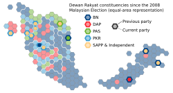 ☎∈ Current composition of the Malaysian Dewan Rakyat with changes since the 2008 general election emphasized for clarity. The parliamentary constituencies are represented by equal-area hexagons, positioned according to approximate geographic locations.