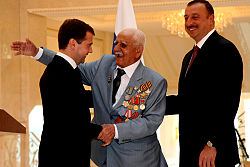 Dmitry Medvedev is greeted by Azerbaijani Great Patriotic War veteran Agadadash Samedov and President of Azerbaijan Ilham Aliyev in Baku Dmitry Medvedev in Azerbaijan 3 July 2008-5.jpg