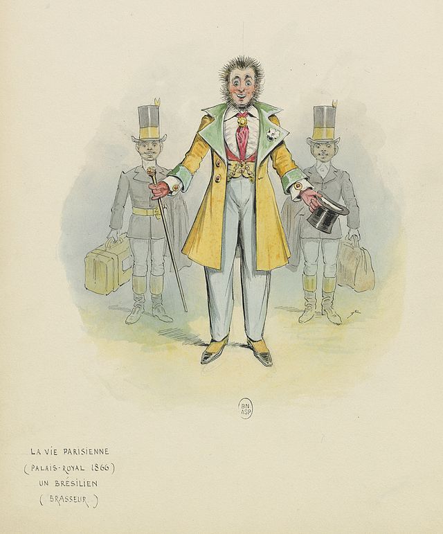 dessin représentant pierre brasseur dans le costume de brésilien dessiné par dranem : barbe et cheveux hirsutes, air réjoui, redingote jaune à rabats verts ouverte sur une chemise blanche surmontée d'une large cravate rouge et d'un gilet rouge et or d'où pendent deux énormes chaînes de montre, chapeau claque dans une main, canne à pomeau dans l'autre ! derrière lui se distinguent en silhouettes estompées deux porteurs en uniforme amenant ses bagages