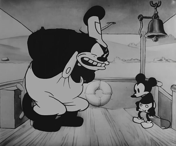 Pete (left) confronts Mickey (right) on the bridge of the steamboat