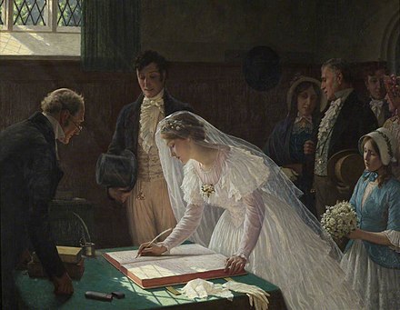 Many cultures have adopted the traditional Western custom of the white wedding, when the bride wears a white wedding dress and veil. Painting by Edmund Leighton (1853–1922)
