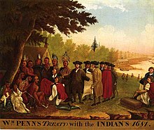 Oliemaleri af William Penn, der underskriver en fredsaftale med Tamanend fra Lenape-stammen