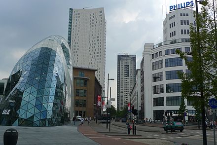 Eindhoven City Centre, with the Light Tower and Witte Dame on the right, the Blob on the left and the Admirant tower in the back.