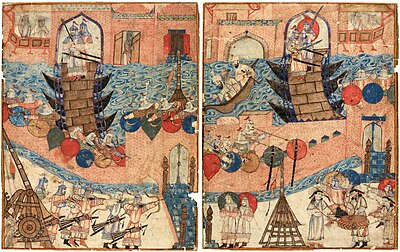 Depiction of the siege in Rashid al-Din's Jami al-tawarikh; the soldiers on the pontoons block the dawatdar from escaping down the Tigris. Fall Of Baghdad (Diez Albums).jpg