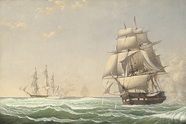 "The United States Frigate "President" Engaging the British Squadron" (1815) by Fitz Henry Lane is featured on the box art. Fitz Henry Lane, The United States Frigate "President" Engaging the British Squadron, 1815, 1850, NGA 195475.jpg