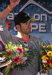 Francesc Godoy with the silver medal at the Triathlon de l'Alpe d'Huez, 2010. Francesc Godoy 2.jpg