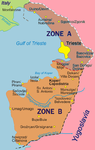 Fristatsområdet 1945–1954. Zon A administrerades av Storbritannien och USA, zon B av Jugoslavien