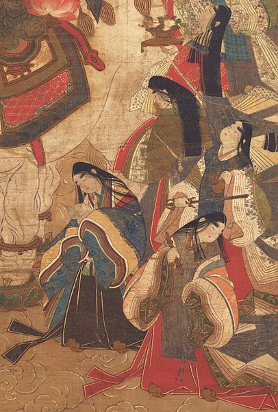 Fugen and the Ten Rasetsunyo, detail. Note red and purple naga-bakama with trailing waist ties.